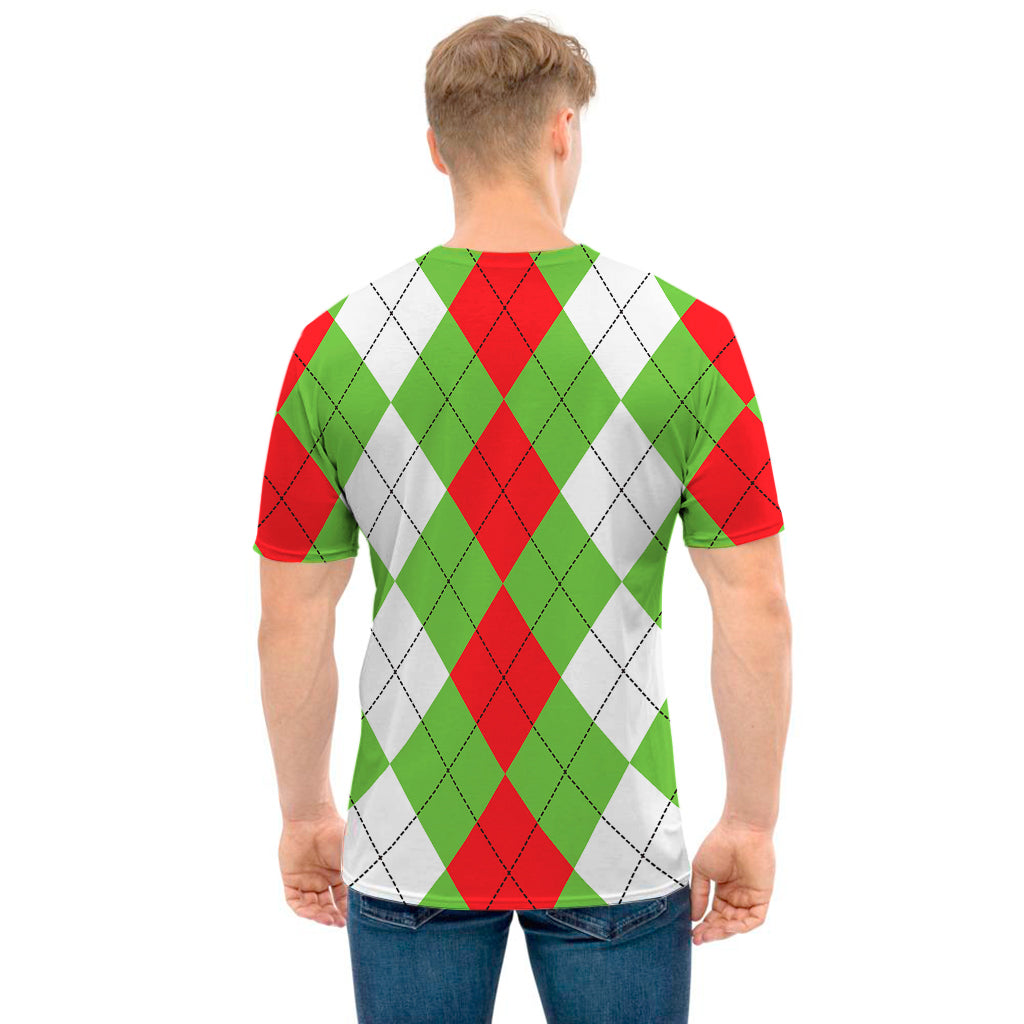 Red Green And White Argyle Pattern Print Men's T-Shirt