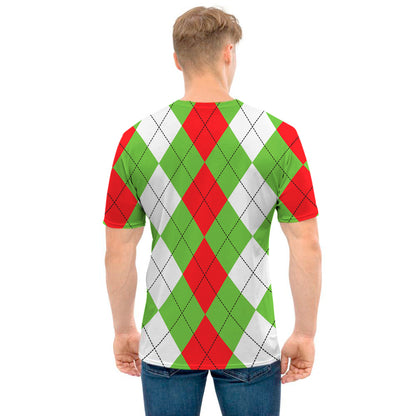 Red Green And White Argyle Pattern Print Men's T-Shirt