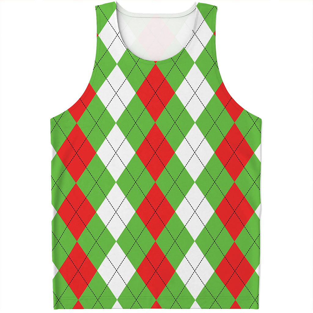 Red Green And White Argyle Pattern Print Men's Tank Top