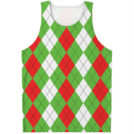 Red Green And White Argyle Pattern Print Men's Tank Top