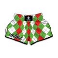 Red Green And White Argyle Pattern Print Muay Thai Boxing Shorts