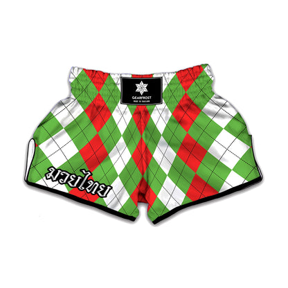 Red Green And White Argyle Pattern Print Muay Thai Boxing Shorts