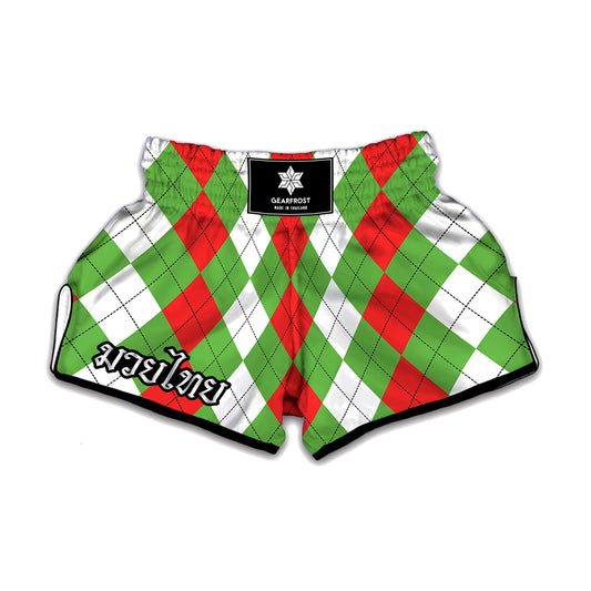 Red Green And White Argyle Pattern Print Muay Thai Boxing Shorts