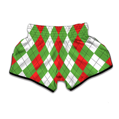 Red Green And White Argyle Pattern Print Muay Thai Boxing Shorts