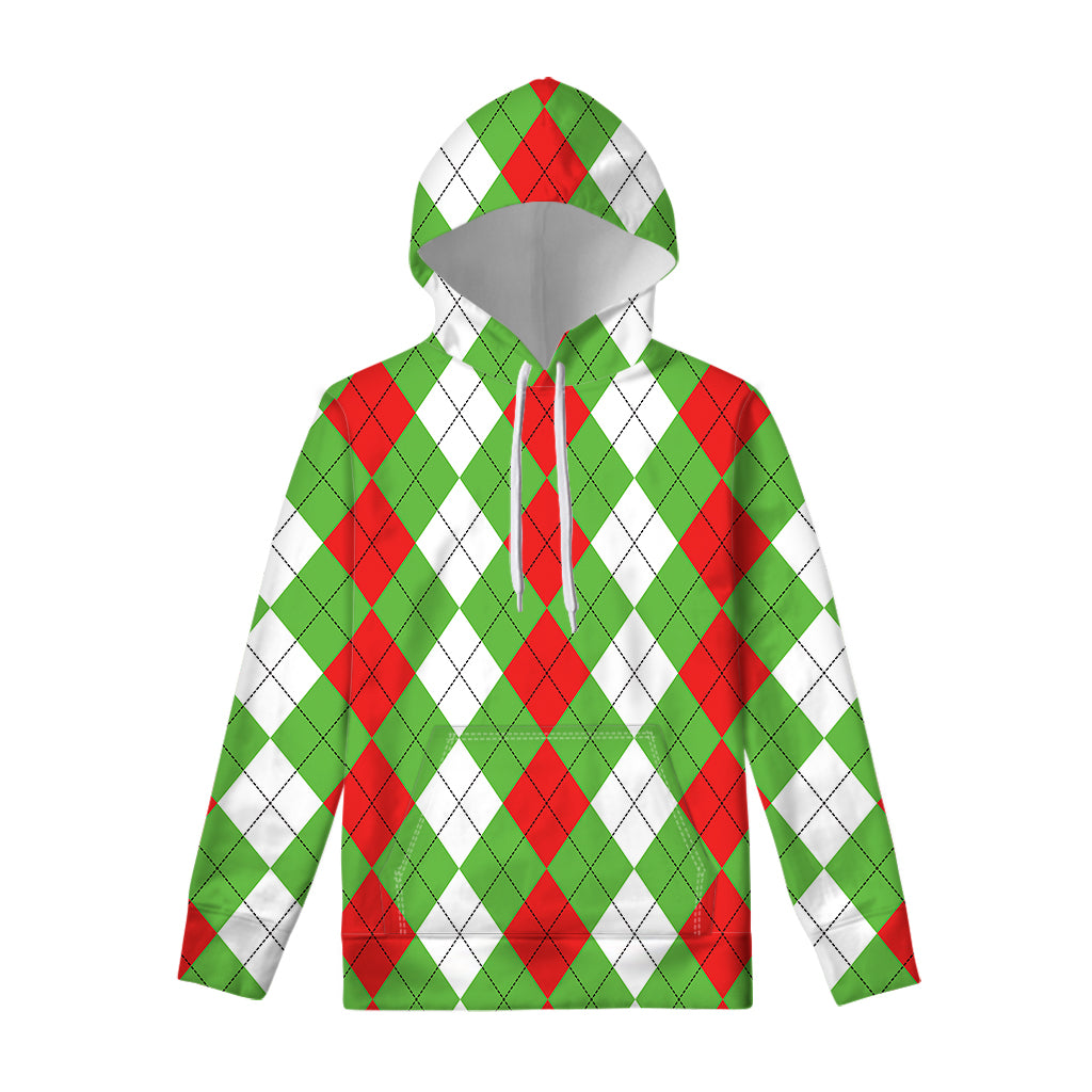 Red Green And White Argyle Pattern Print Pullover Hoodie
