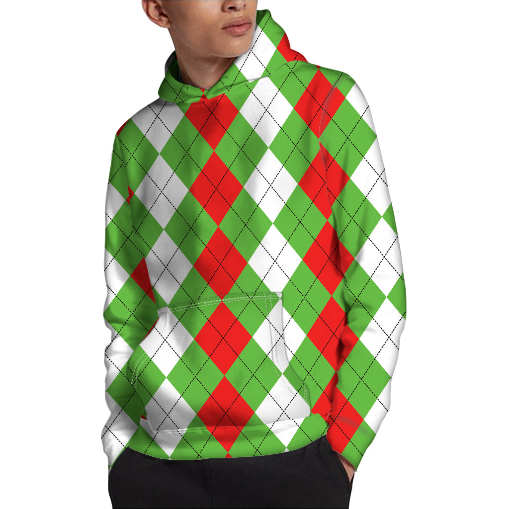 Red Green And White Argyle Pattern Print Pullover Hoodie