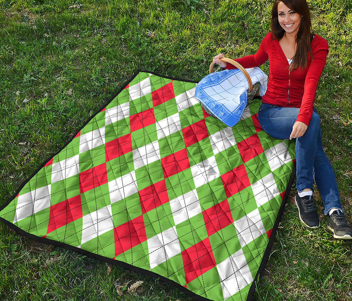 Red Green And White Argyle Pattern Print Quilt