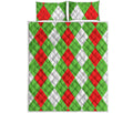 Red Green And White Argyle Pattern Print Quilt Bed Set