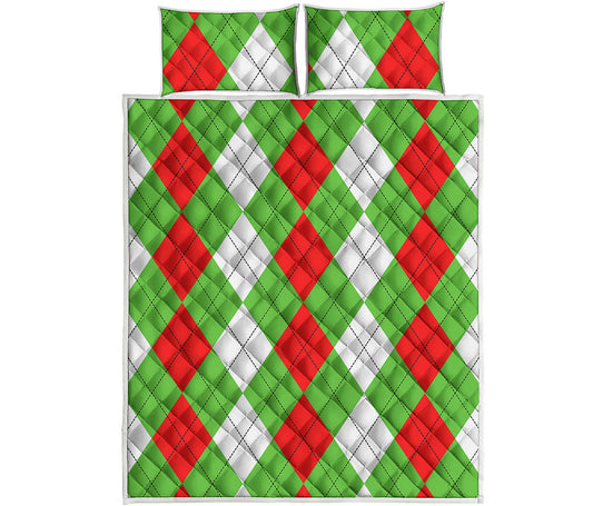 Red Green And White Argyle Pattern Print Quilt Bed Set