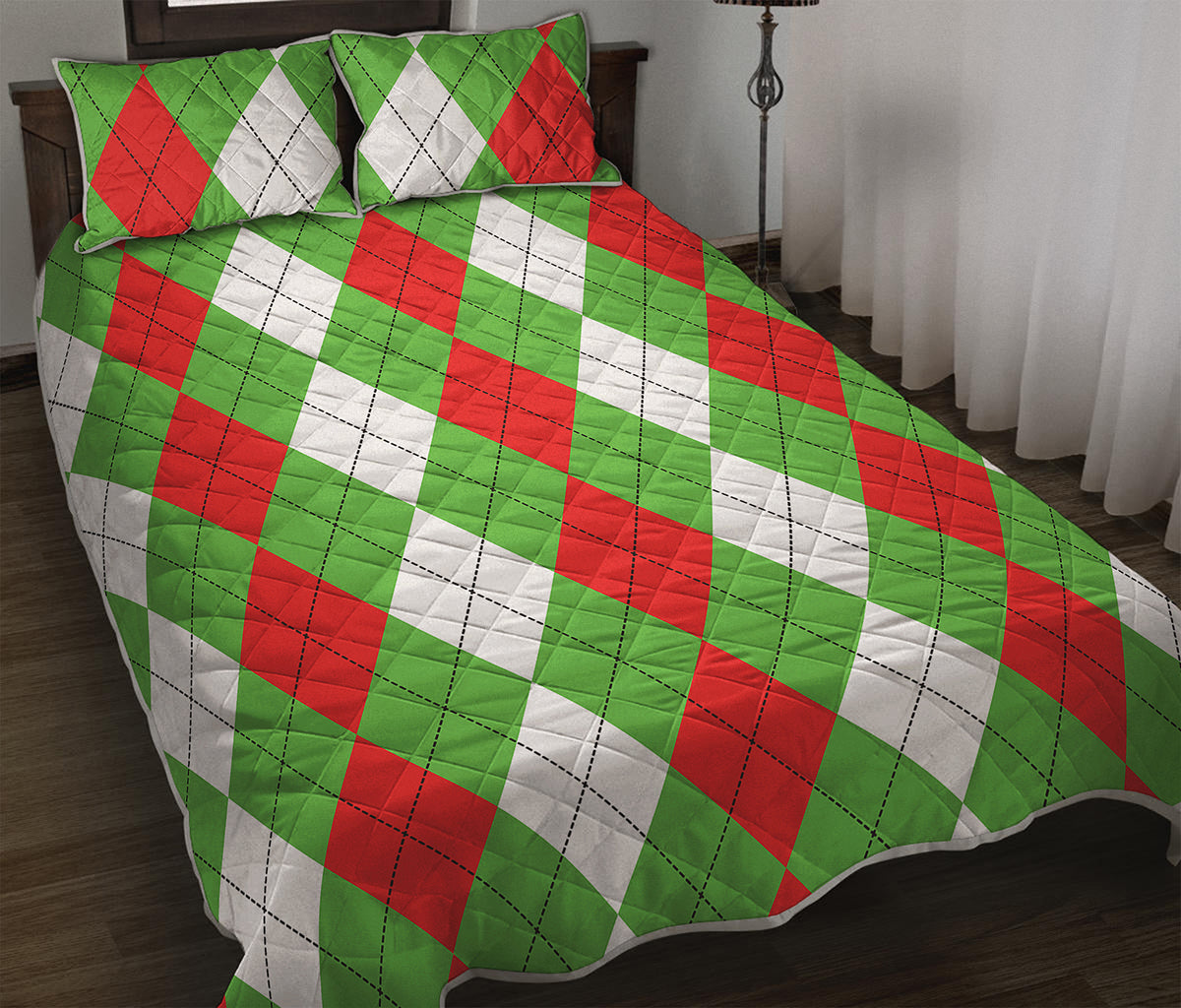 Red Green And White Argyle Pattern Print Quilt Bed Set
