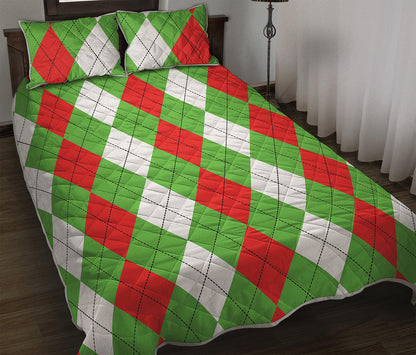Red Green And White Argyle Pattern Print Quilt Bed Set