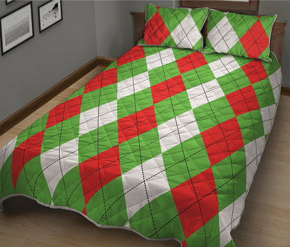 Red Green And White Argyle Pattern Print Quilt Bed Set