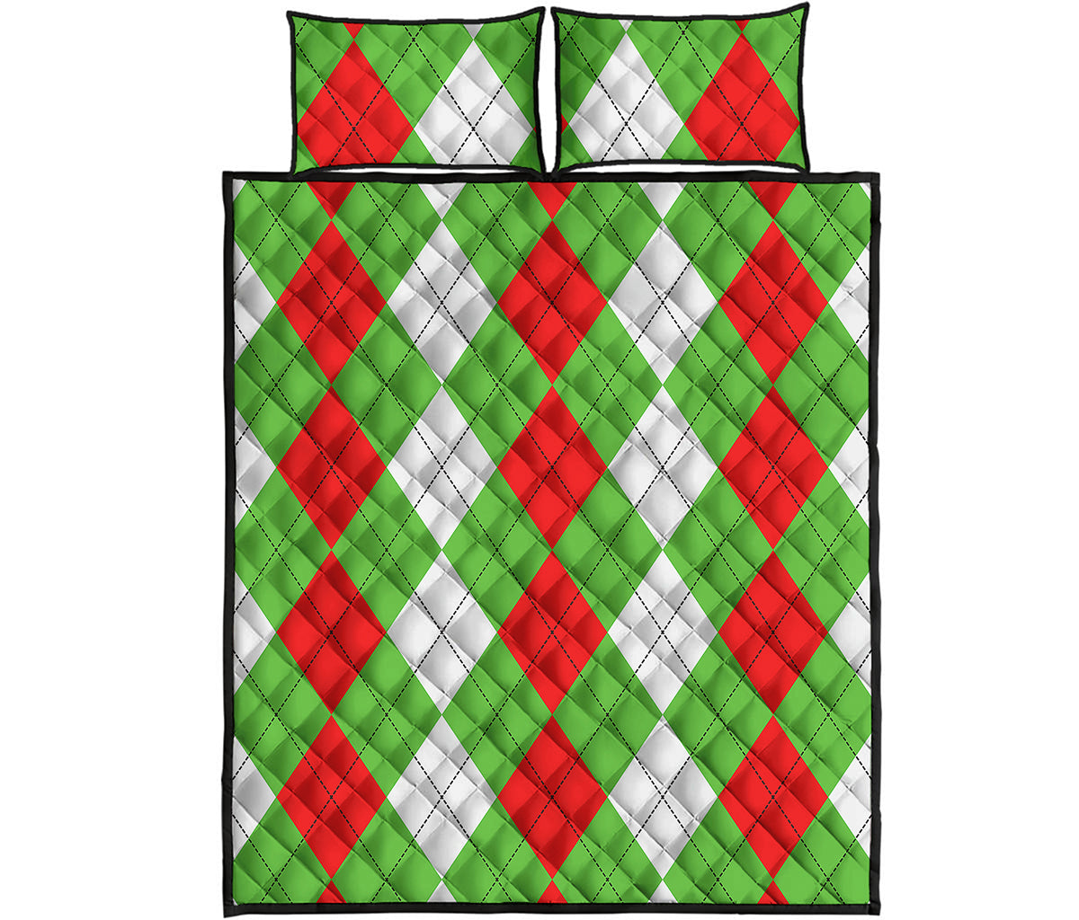 Red Green And White Argyle Pattern Print Quilt Bed Set