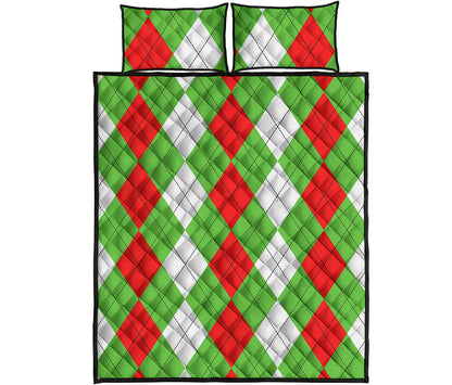 Red Green And White Argyle Pattern Print Quilt Bed Set