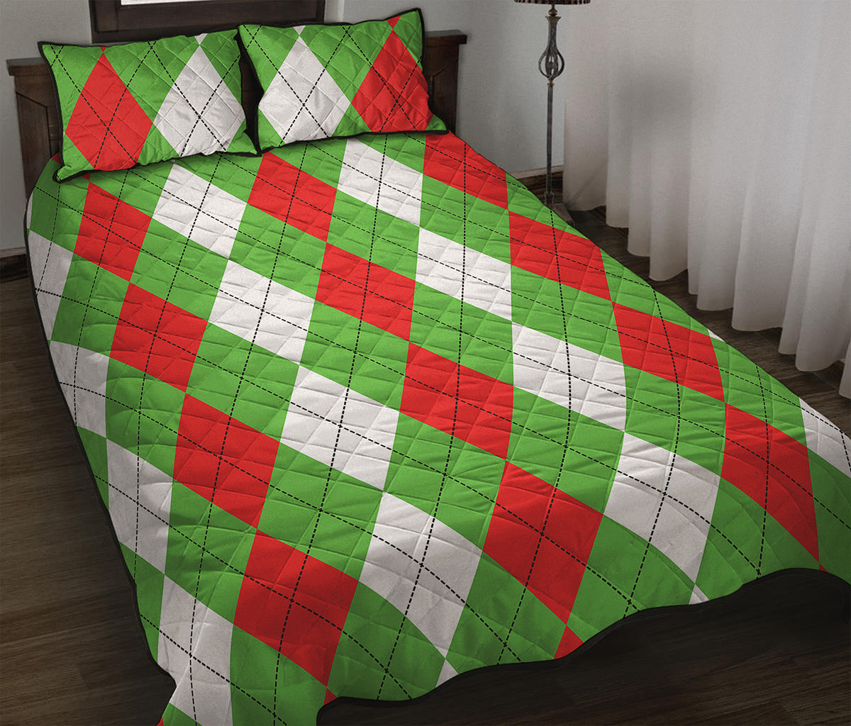 Red Green And White Argyle Pattern Print Quilt Bed Set