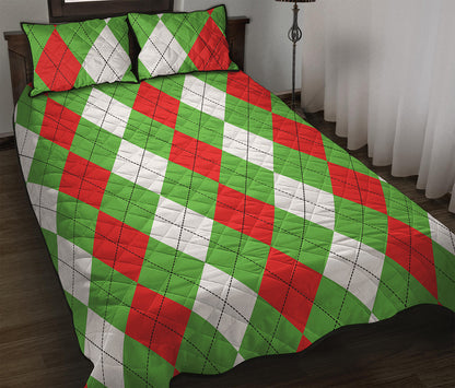 Red Green And White Argyle Pattern Print Quilt Bed Set