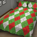 Red Green And White Argyle Pattern Print Quilt Bed Set