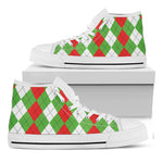 Red Green And White Argyle Pattern Print White High Top Shoes