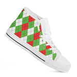 Red Green And White Argyle Pattern Print White High Top Shoes