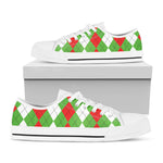 Red Green And White Argyle Pattern Print White Low Top Shoes