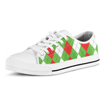 Red Green And White Argyle Pattern Print White Low Top Shoes