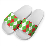 Red Green And White Argyle Pattern Print White Slide Sandals