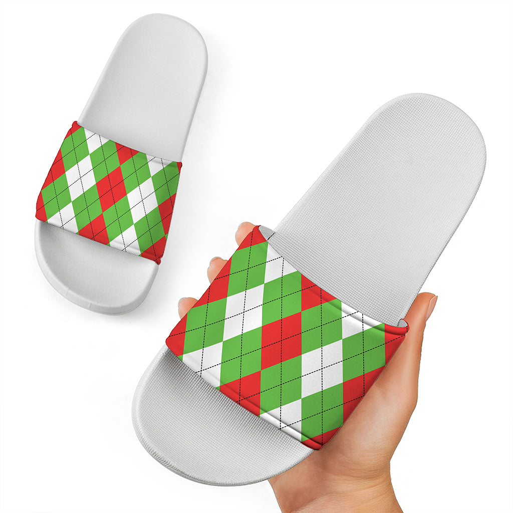Red Green And White Argyle Pattern Print White Slide Sandals