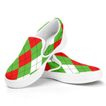 Red Green And White Argyle Pattern Print White Slip On Shoes