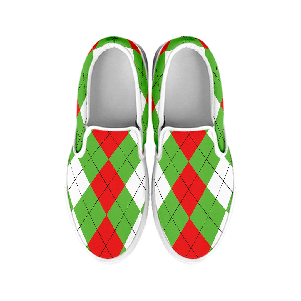 Red Green And White Argyle Pattern Print White Slip On Shoes