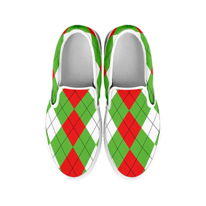 Red Green And White Argyle Pattern Print White Slip On Shoes