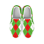 Red Green And White Argyle Pattern Print White Slip On Shoes