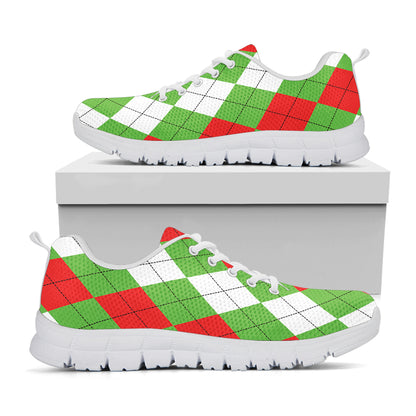 Red Green And White Argyle Pattern Print White Sneakers