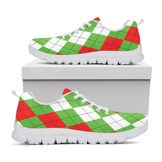 Red Green And White Argyle Pattern Print White Sneakers