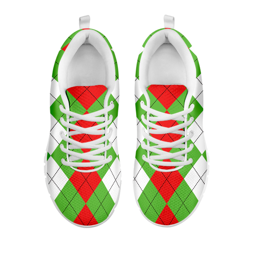 Red Green And White Argyle Pattern Print White Sneakers