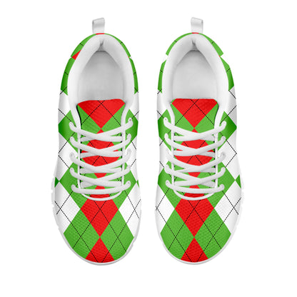 Red Green And White Argyle Pattern Print White Sneakers
