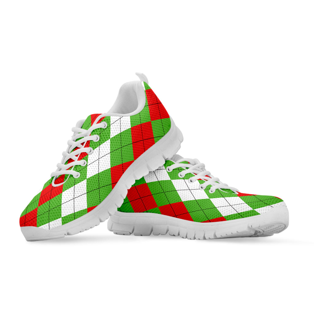 Red Green And White Argyle Pattern Print White Sneakers