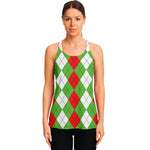 Red Green And White Argyle Pattern Print Women's Racerback Tank Top