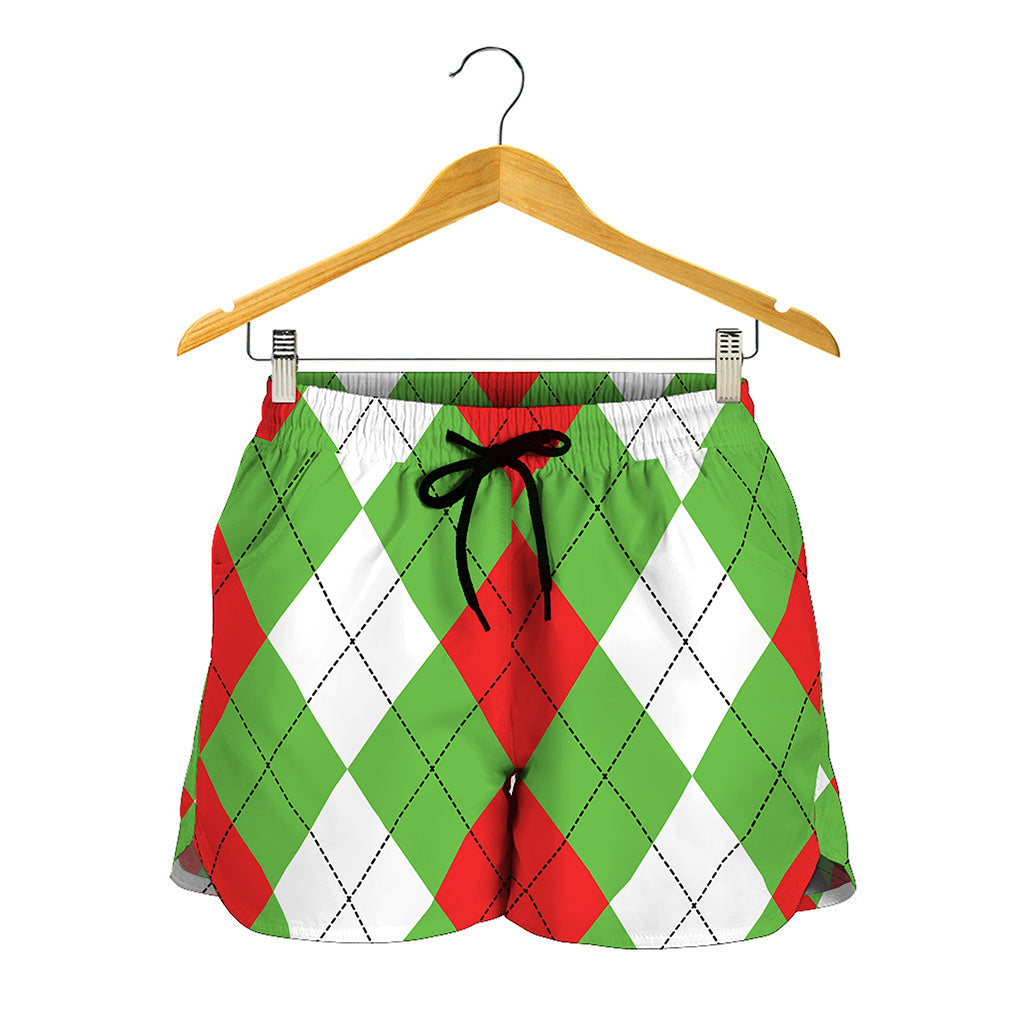 Red Green And White Argyle Pattern Print Women's Shorts