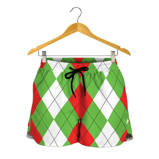 Red Green And White Argyle Pattern Print Women's Shorts
