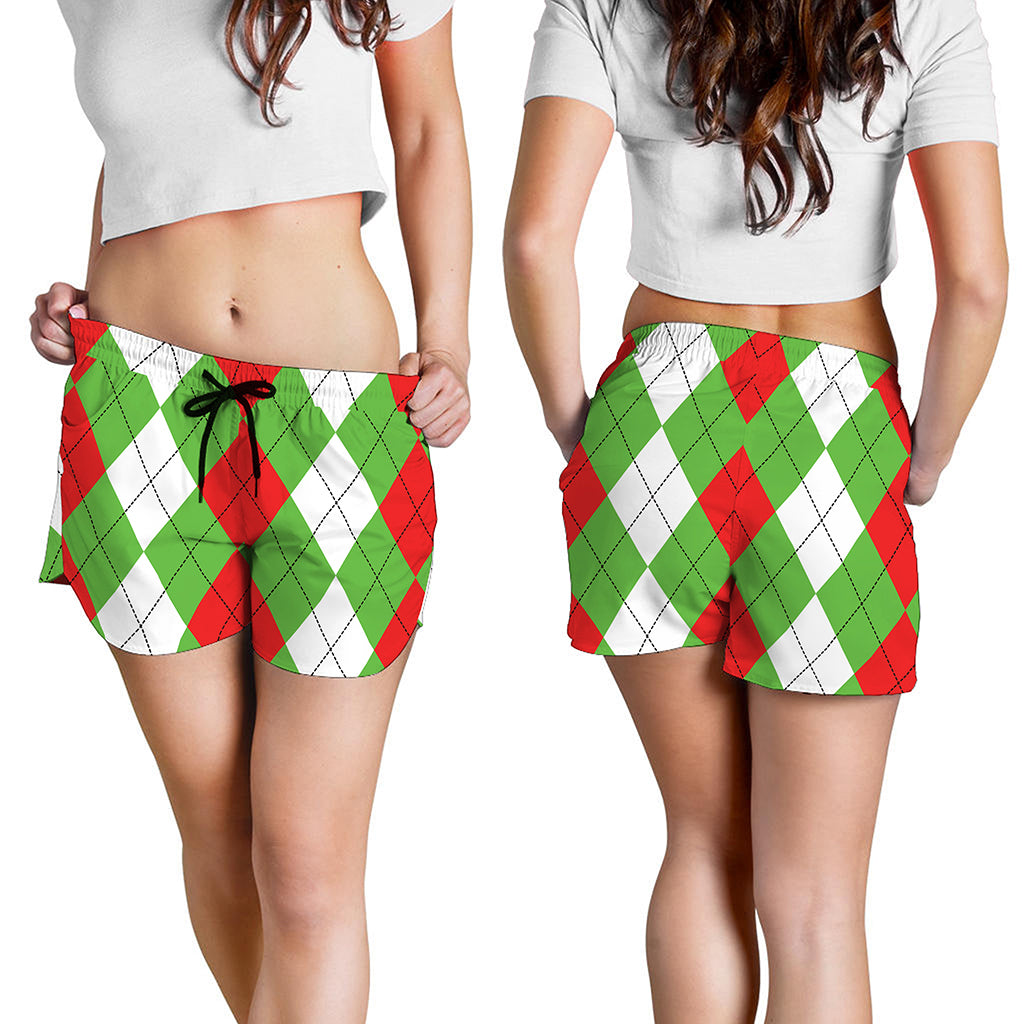 Red Green And White Argyle Pattern Print Women's Shorts