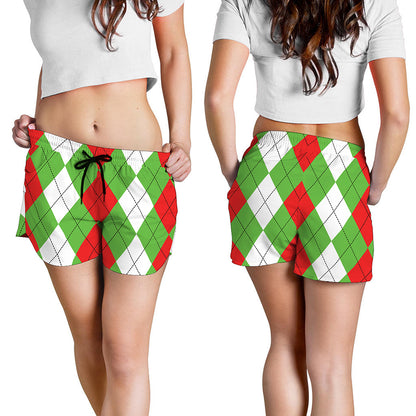Red Green And White Argyle Pattern Print Women's Shorts