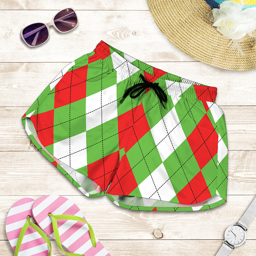 Red Green And White Argyle Pattern Print Women's Shorts