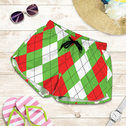 Red Green And White Argyle Pattern Print Women's Shorts