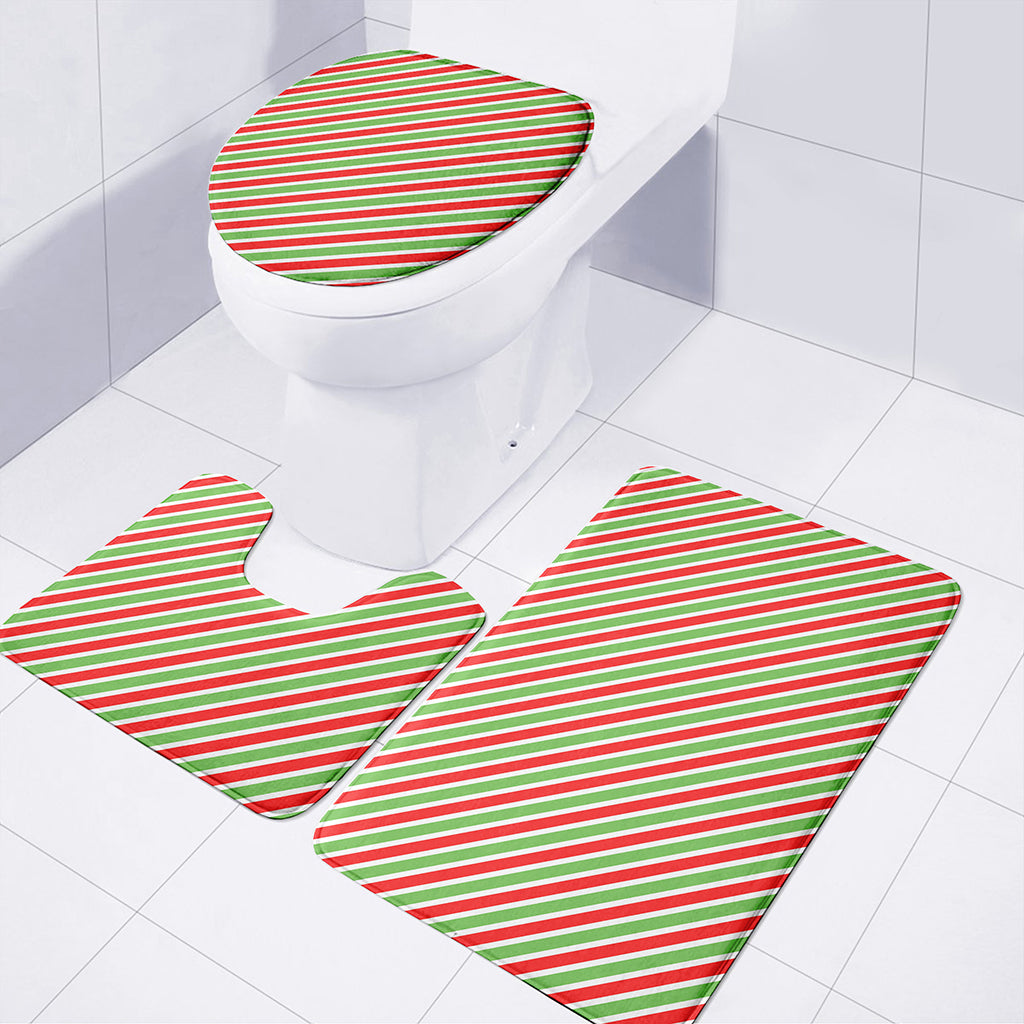 Red Green And White Candy Cane Print 3 Piece Bath Mat Set