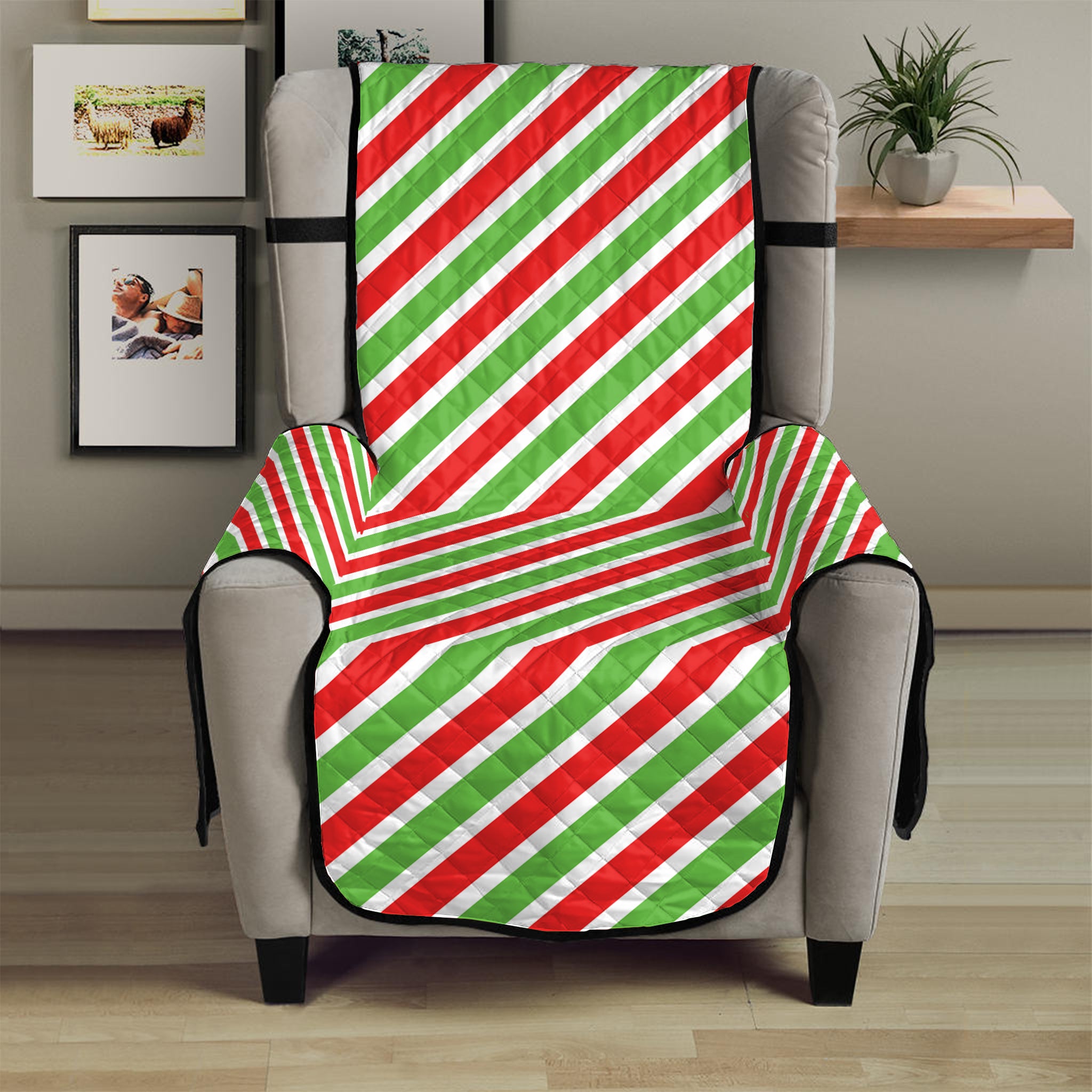 Red Green And White Candy Cane Print Armchair Protector