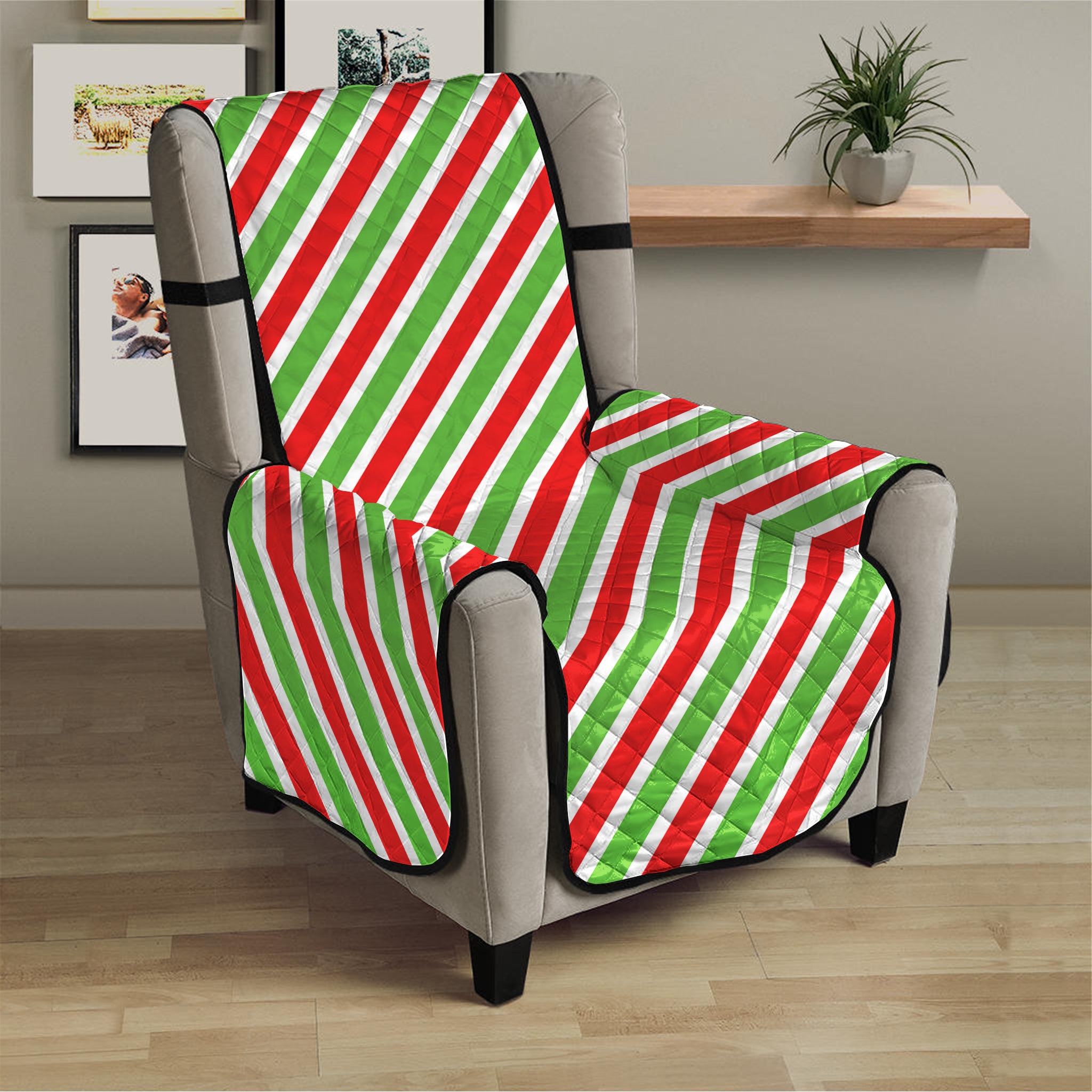 Red Green And White Candy Cane Print Armchair Protector