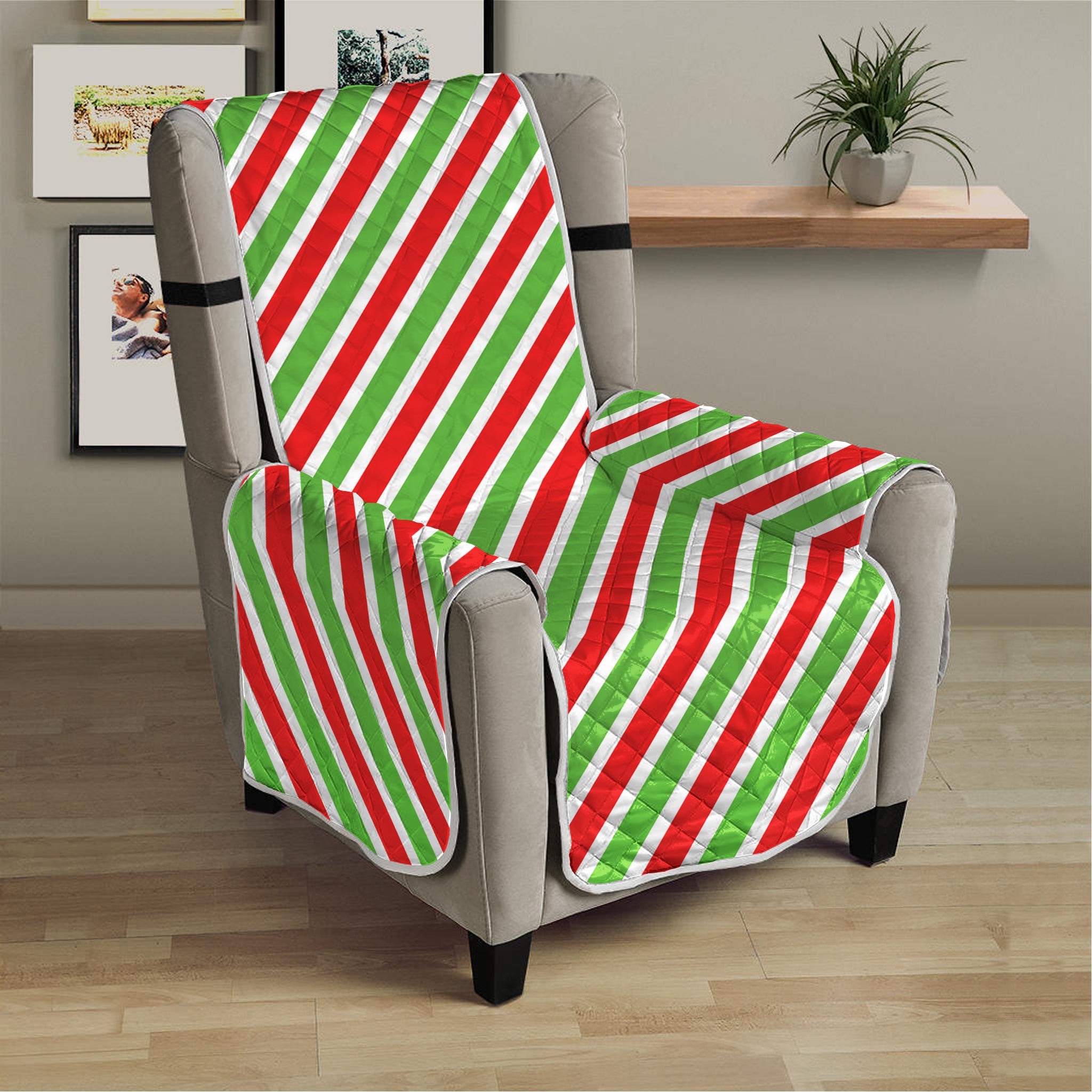 Red Green And White Candy Cane Print Armchair Protector