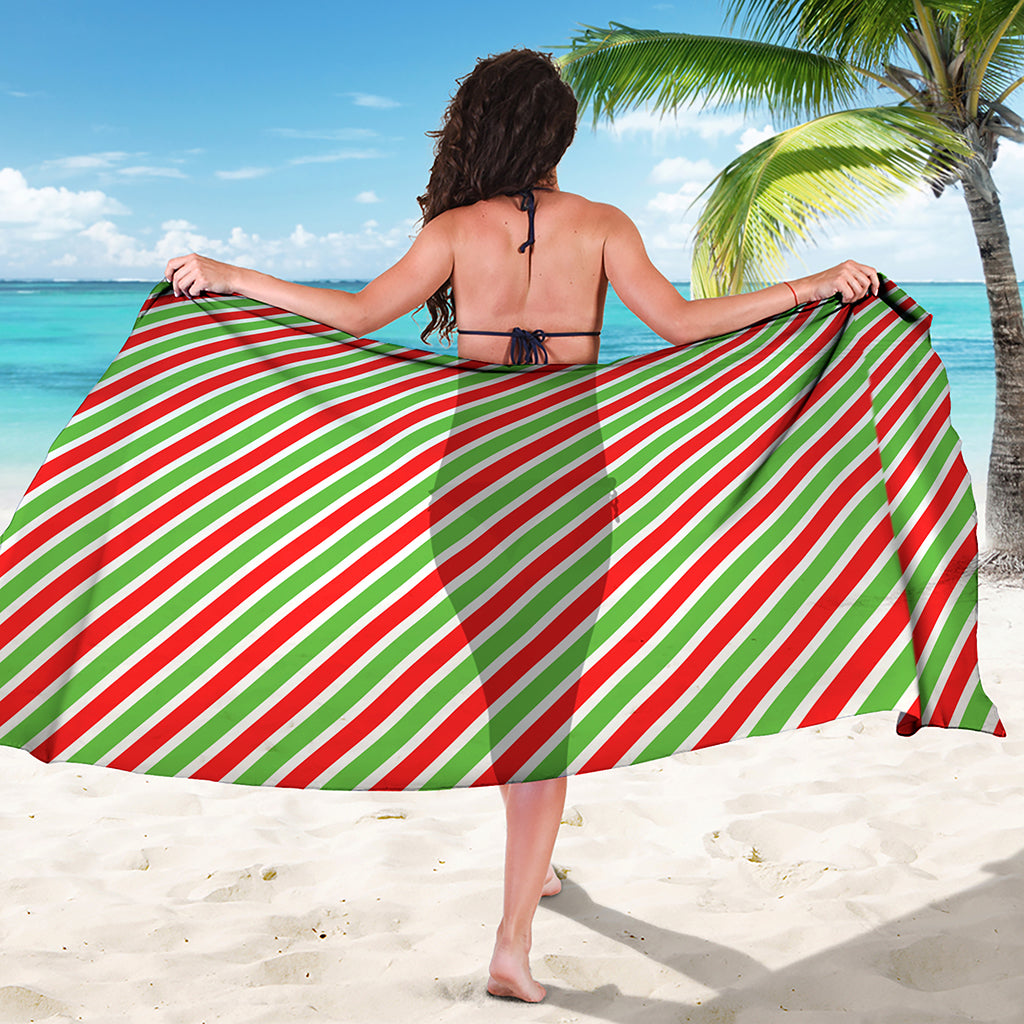 Red Green And White Candy Cane Print Beach Sarong Wrap