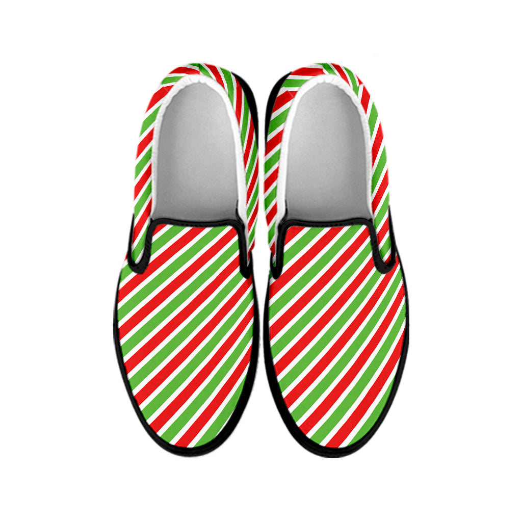 Red Green And White Candy Cane Print Black Slip On Shoes