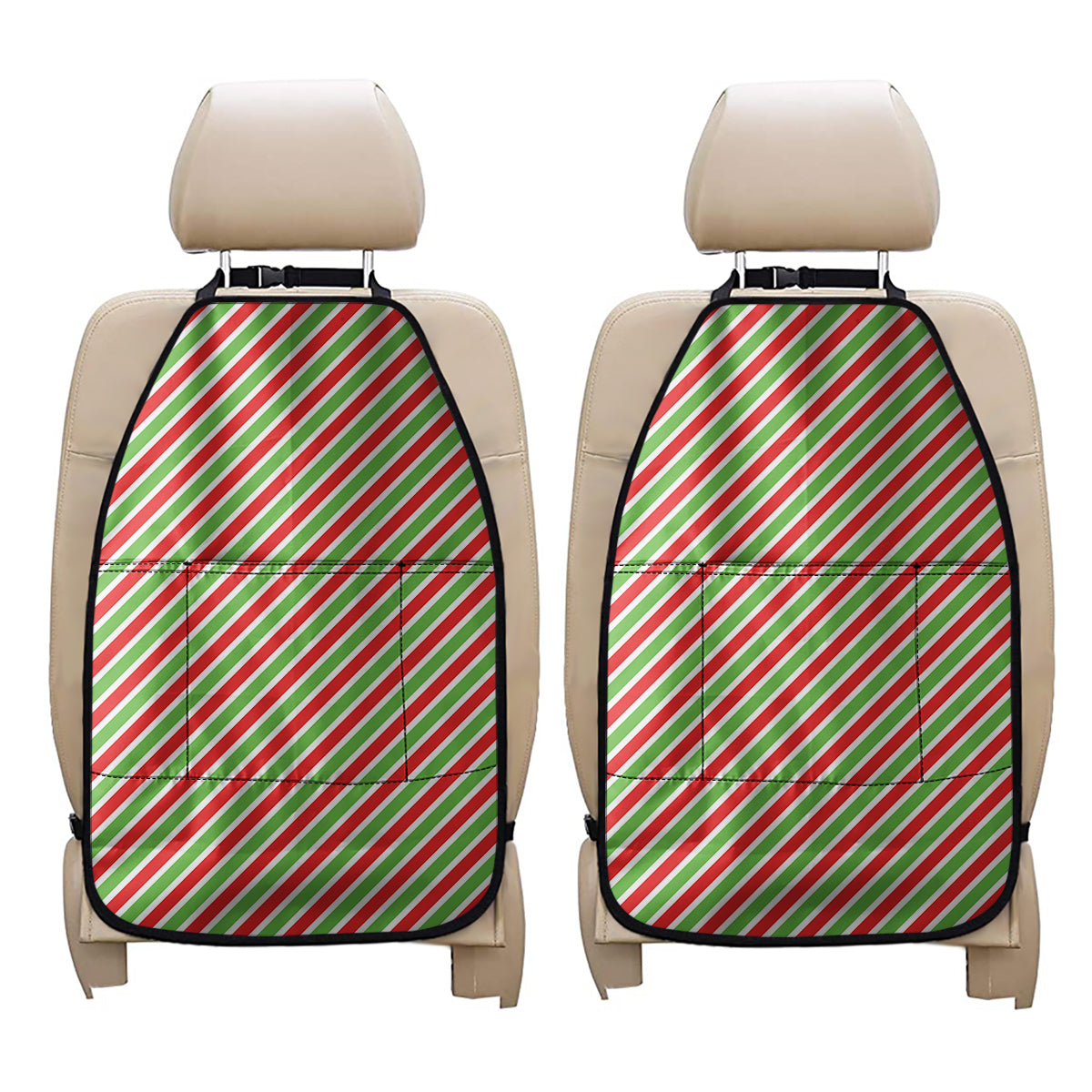 Red Green And White Candy Cane Print Car Seat Organizers